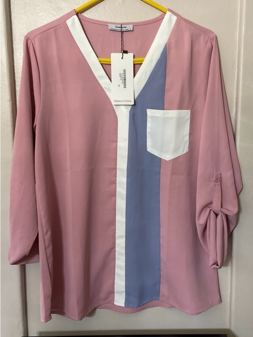 Colorblock V-Neck Blouse in Pink with Blue Stripe and White Trim
